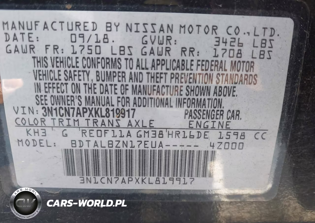 2019 Nissan Versa 1.6 Sv VIN:3N1CN7APXKL819917 - 9