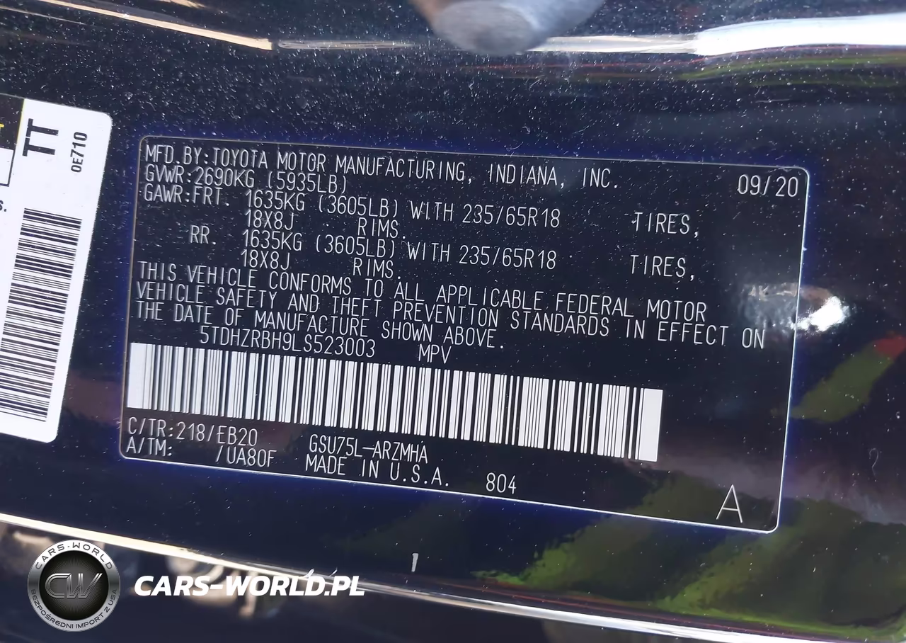 2020 Toyota Highlander Xle VIN:5TDHZRBH9LS523003 - 9