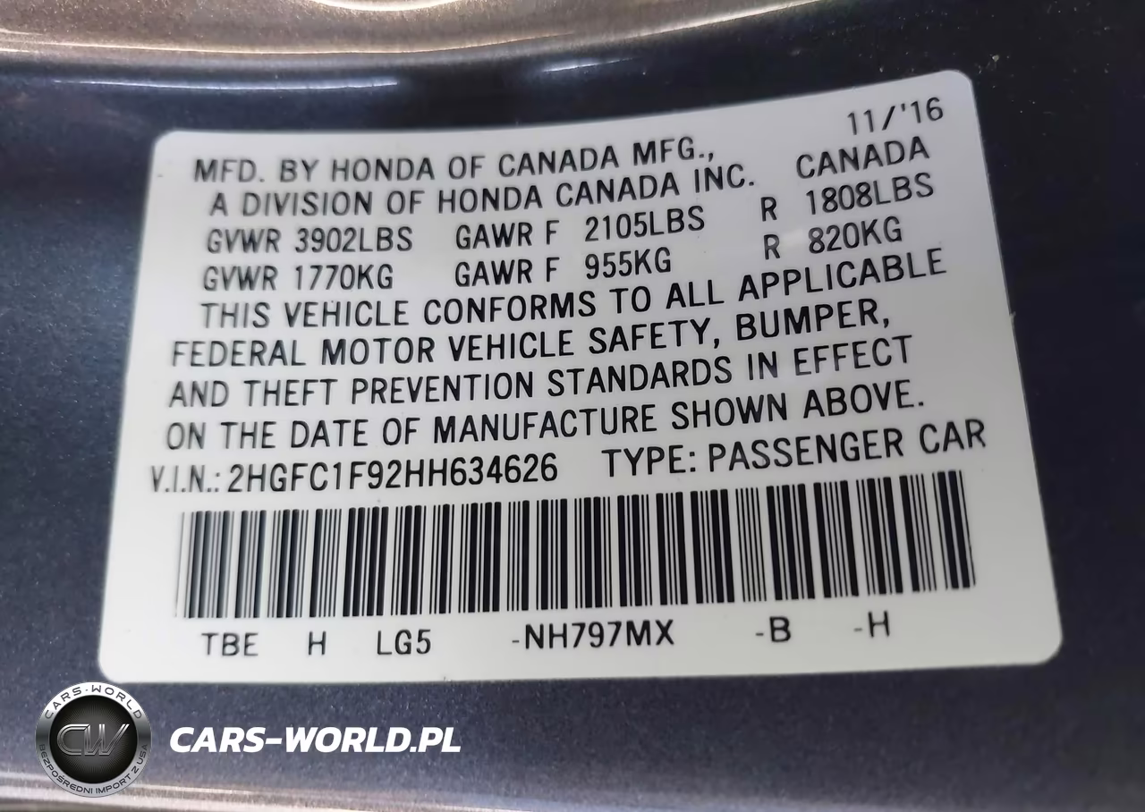 2017 Honda Civic Touring VIN:2HGFC1F92HH634626 - 9