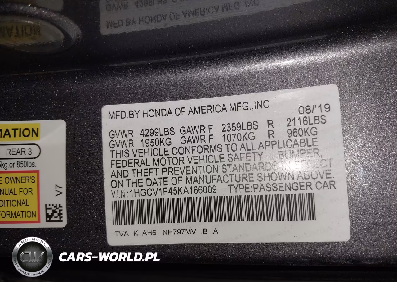 2019 Honda Accord Ex VIN:1HGCV1F45KA166009 - 9