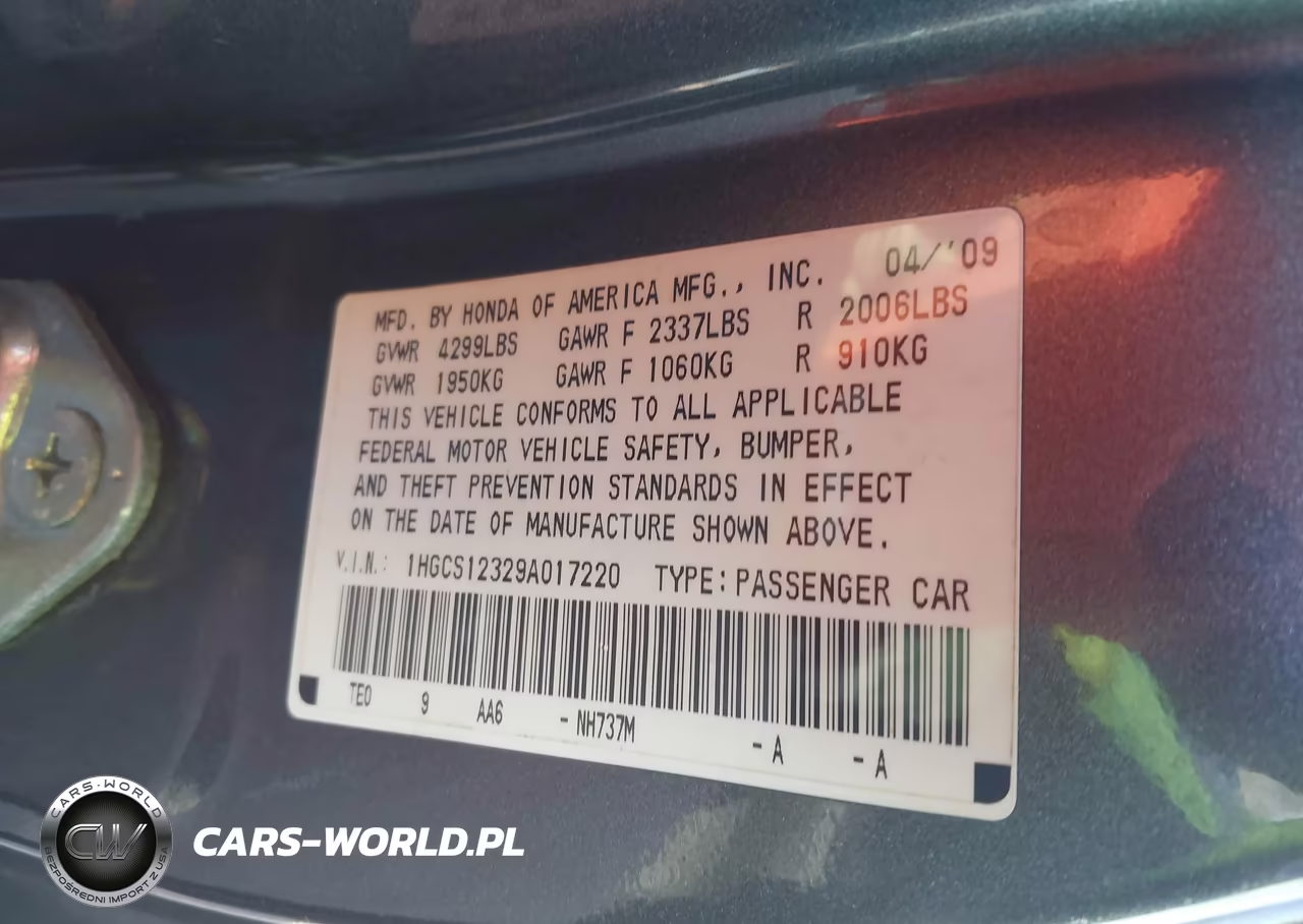 2009 Honda Accord 2.4 Lx-S VIN:1HGCS12329A017220 - 9