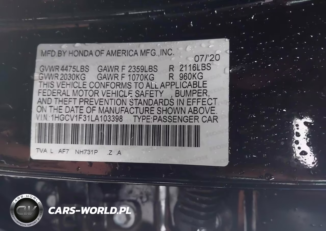 2020 Honda Accord Sport VIN:1HGCV1F31LA103398 - 9