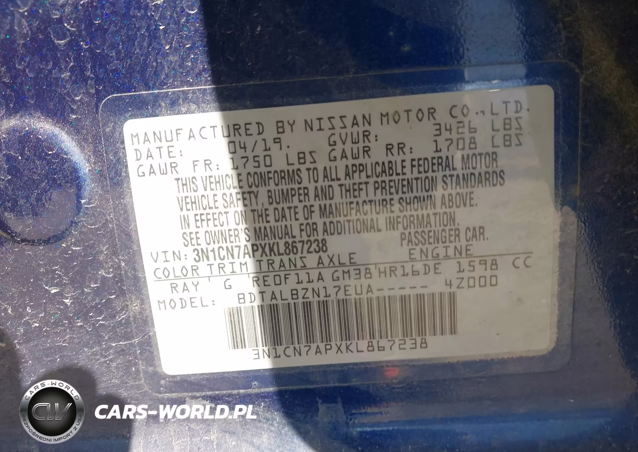 2019 Nissan Versa 1.6 Sv VIN:3N1CN7APXKL867238 - 9