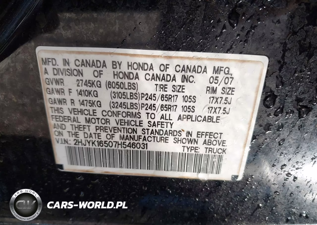 2007 Honda Ridgeline Rtl VIN:2HJYK16507H546031 - 9