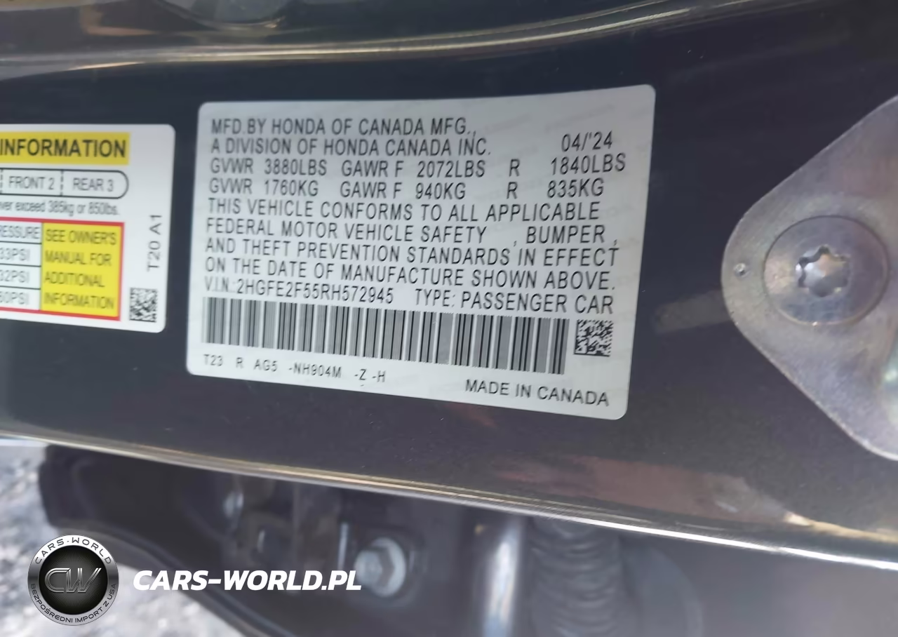 2024 Honda Civic Sport VIN:2HGFE2F55RH572945 - 9