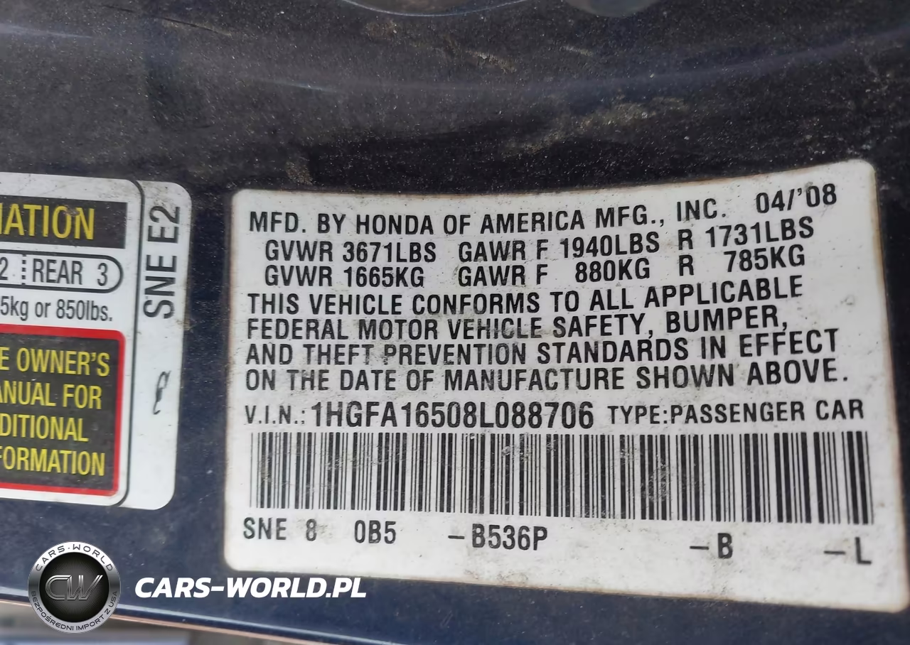 2008 Honda Civic Lx VIN:1HGFA16508L088706 - 9