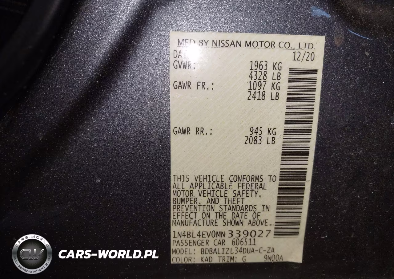 2021 Nissan Altima Sl Fwd VIN:1N4BL4EV0MN339027 - 9