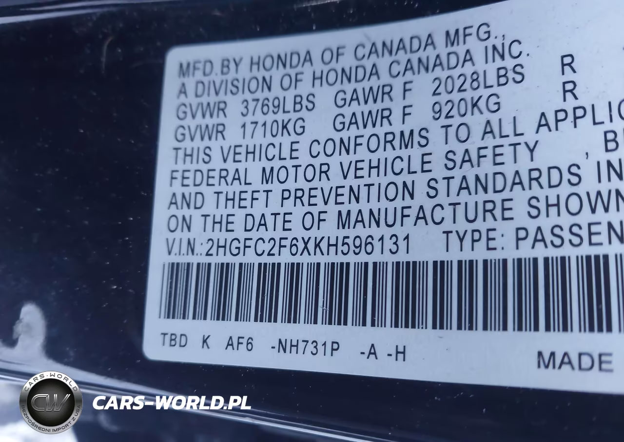 2019 Honda Civic Lx VIN:2HGFC2F6XKH596131 - 9