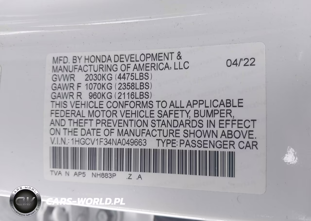 2022 Honda Accord Sport VIN:1HGCV1F34NA049663 - 17