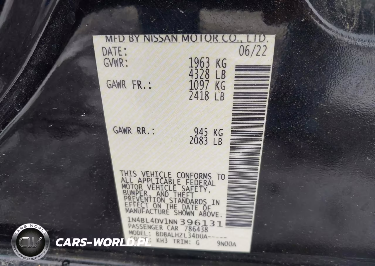 2022 Nissan Altima Sv Fwd VIN:1N4BL4DV1NN396131 - 9