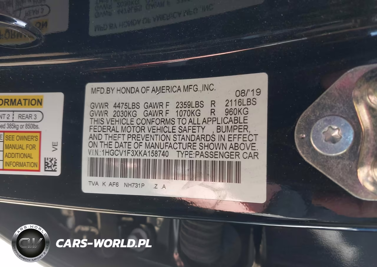 2019 Honda Accord Sport VIN:1HGCV1F3XKA158740 - 9
