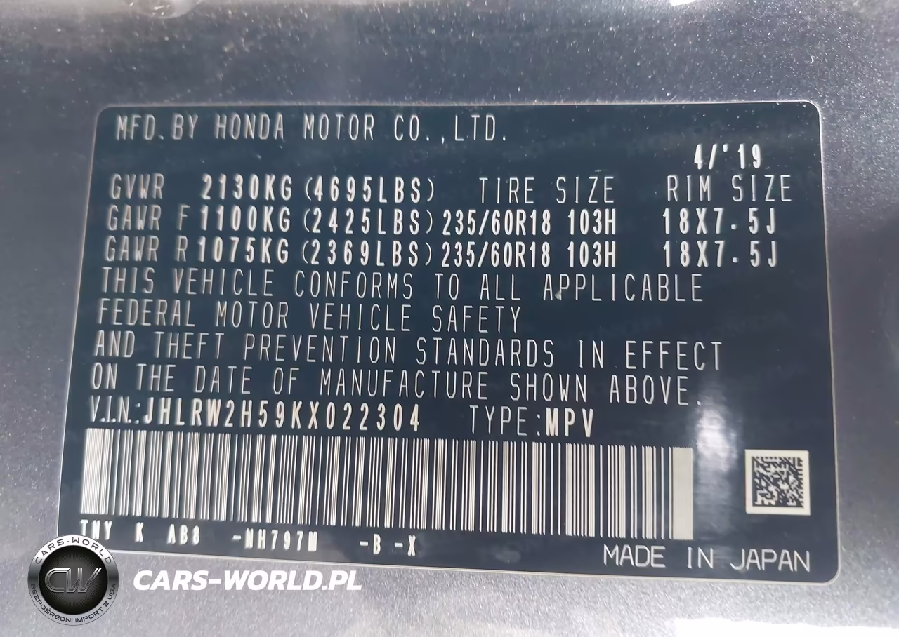 2019 Honda Cr-V Ex VIN:JHLRW2H59KX022304 - 9