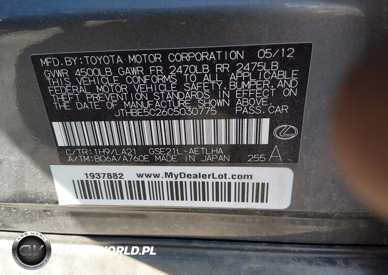 2012 Lexus Is 350 VIN:JTHBE5C26C5030775 - 9