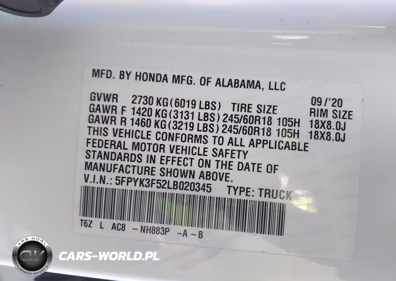 2020 Honda Ridgeline Awd Rtl VIN:5FPYK3F52LB020345 - 9