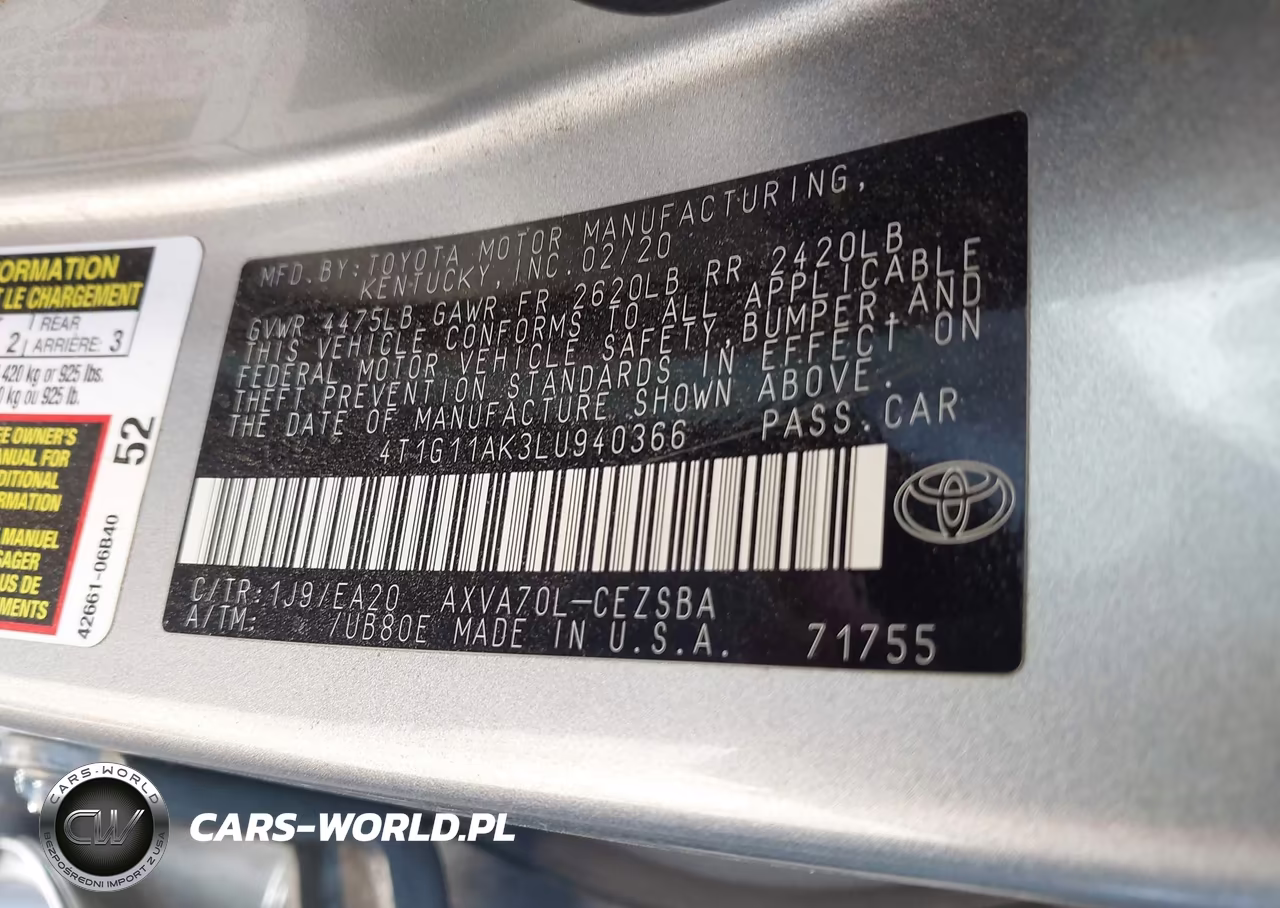2020 Toyota Camry Se VIN:4T1G11AK3LU940366 - 9