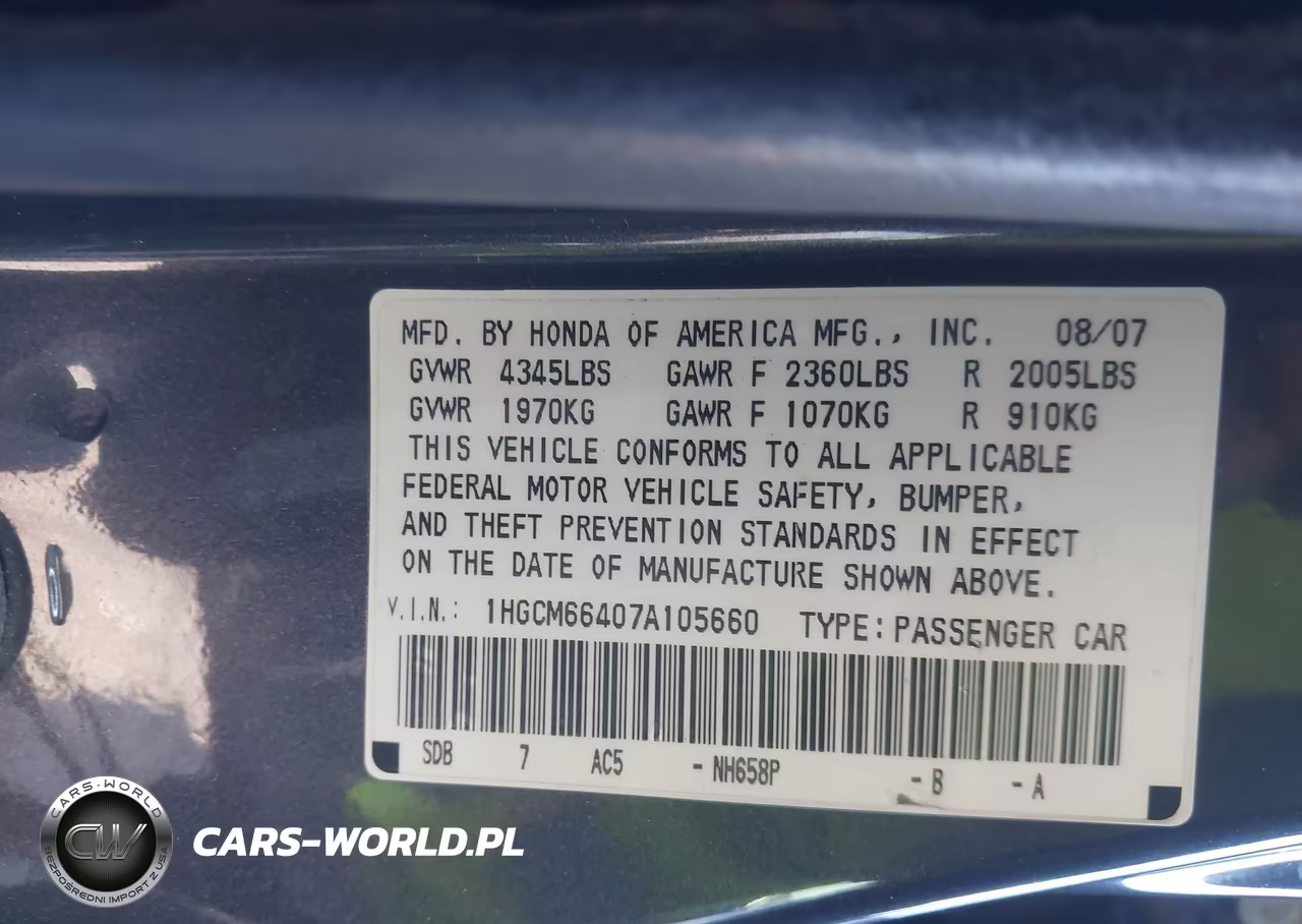 2007 Honda Accord 3.0 Se VIN:1HGCM66407A105660 - 9