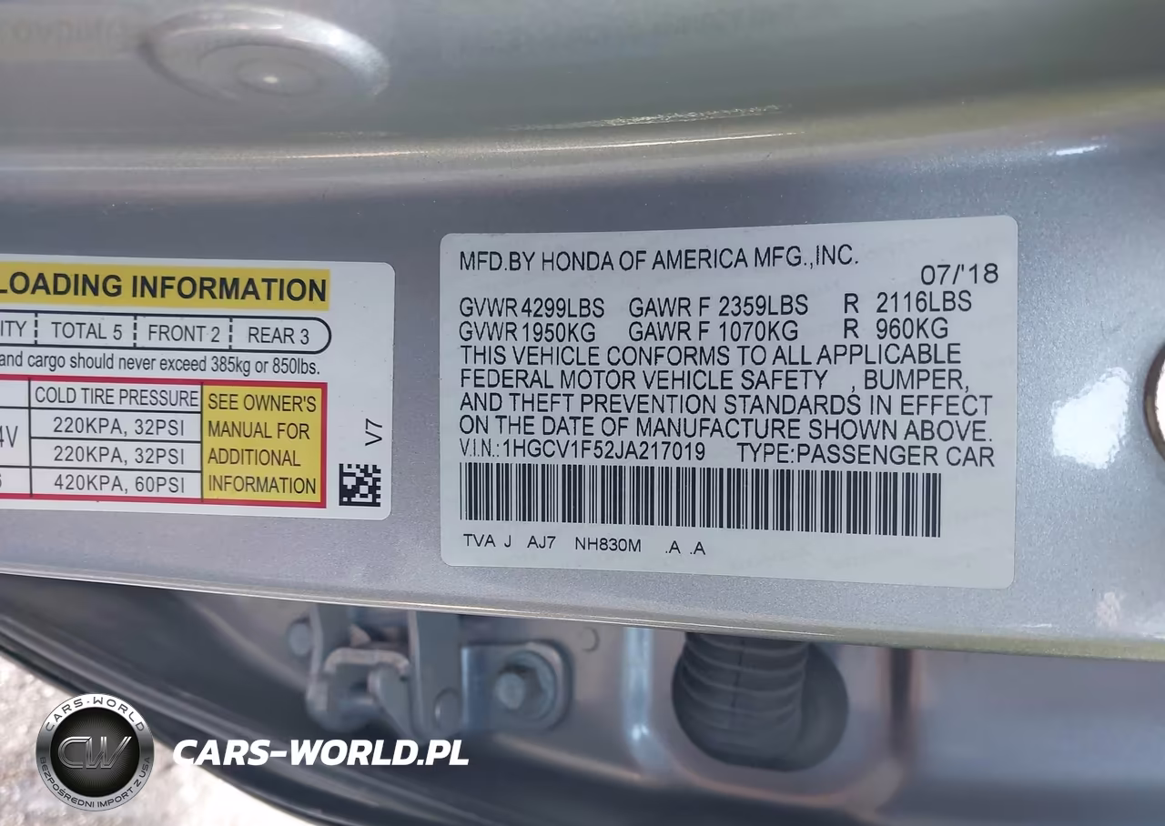 2018 Honda Accord Ex-L VIN:1HGCV1F52JA217019 - 9