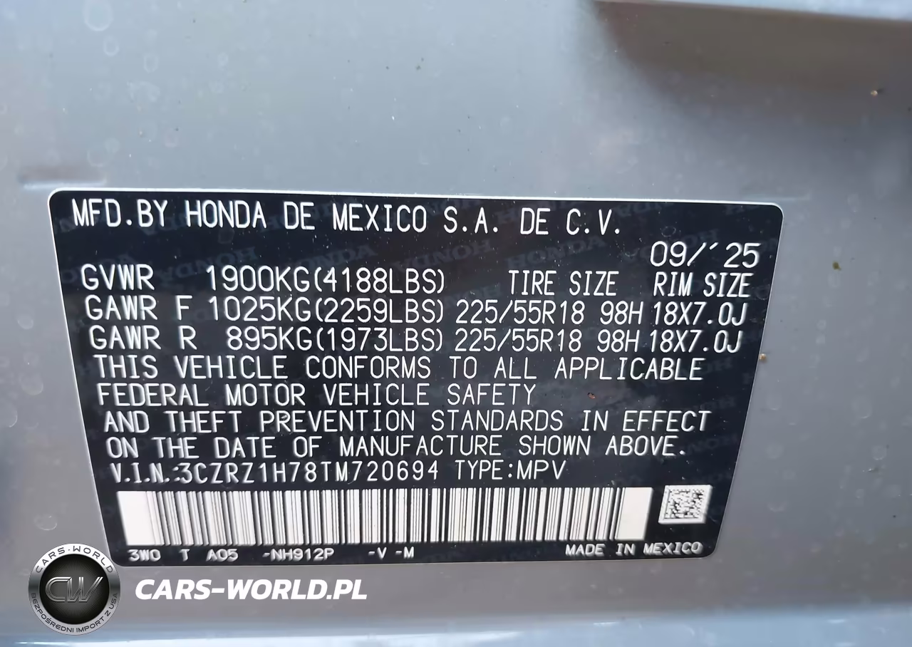 2026 Honda Hr-V 2Wd Ex-L VIN:3CZRZ1H78TM720694 - 9