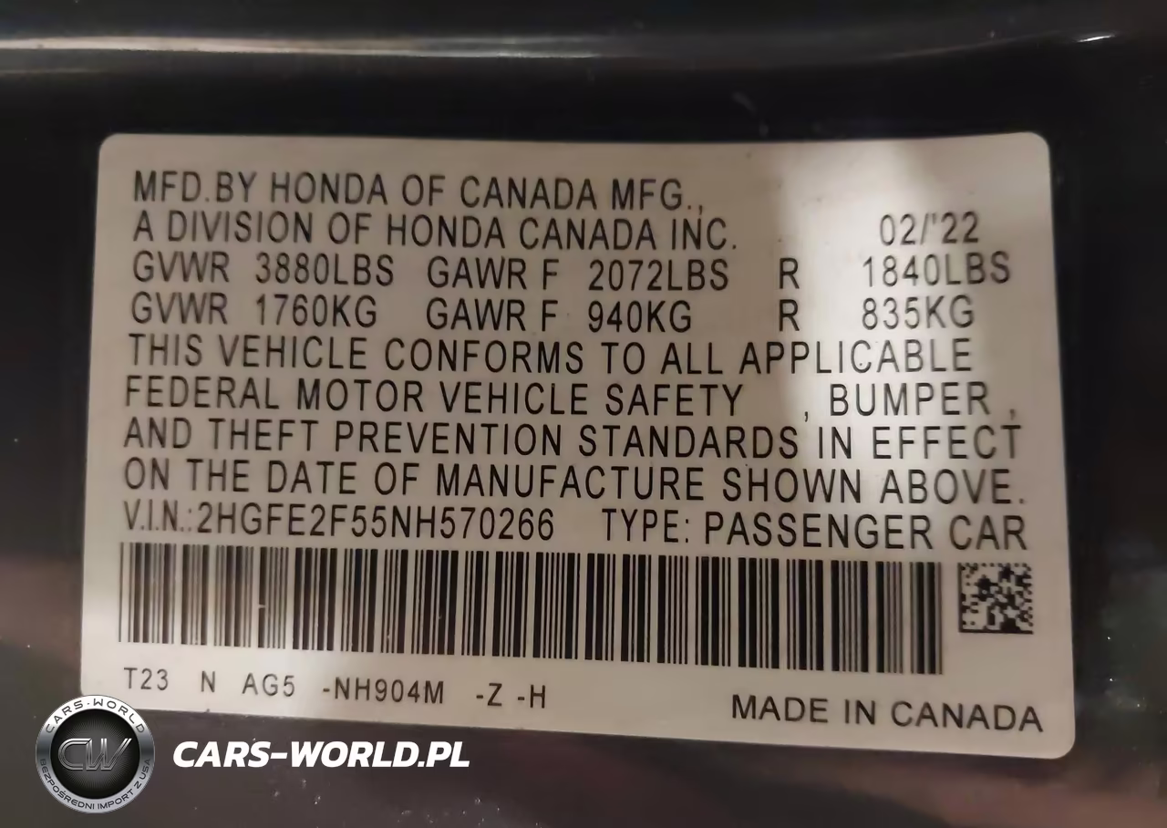 2022 Honda Civic Sport VIN:2HGFE2F55NH570266 - 9