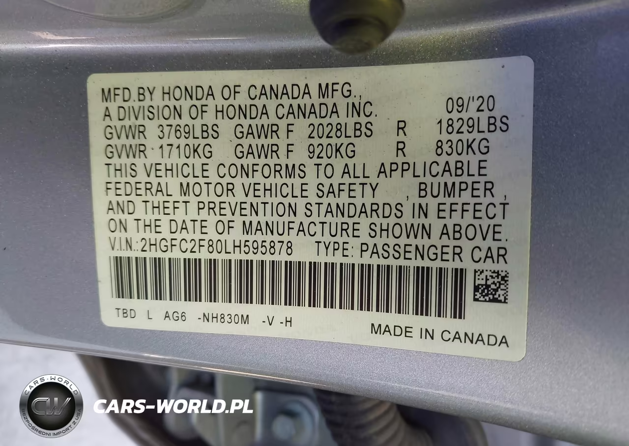 2020 Honda Civic Sport VIN:2HGFC2F80LH595878 - 9
