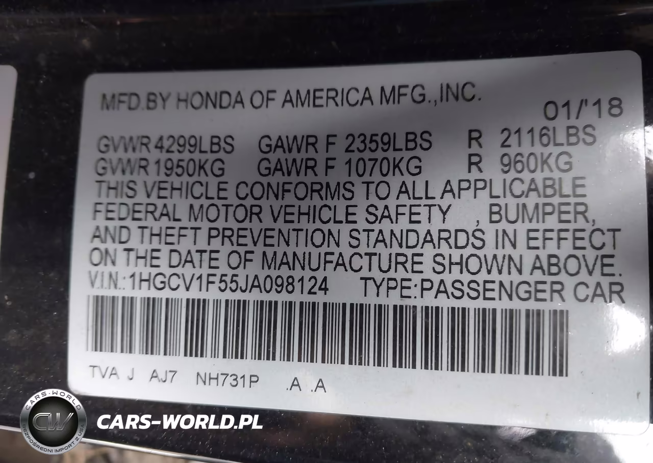 2018 Honda Accord Ex-L VIN:1HGCV1F55JA098124 - 9