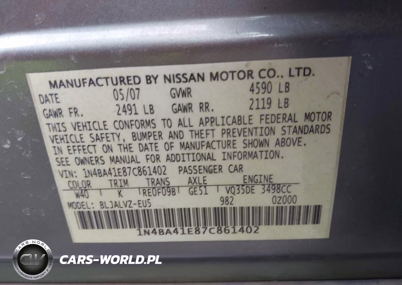 2007 Nissan Maxima 3.5 Se VIN:1N4BA41E87C861402 - 9