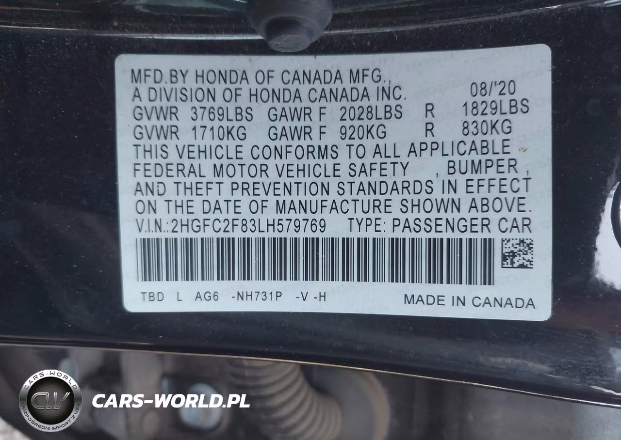 2020 Honda Civic Sport VIN:2HGFC2F83LH579769 - 9