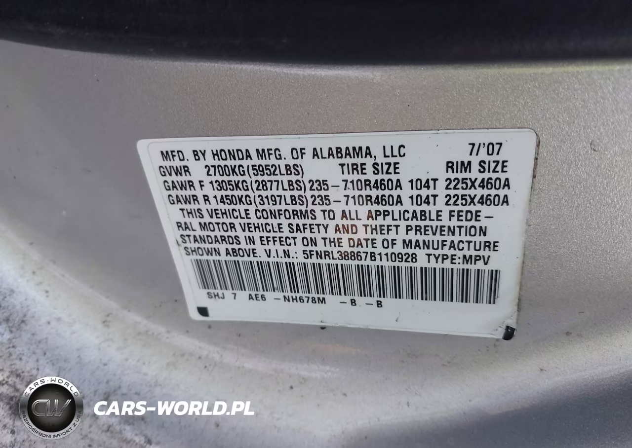 2007 Honda Odyssey Touring VIN:5FNRL38867B110928 - 9