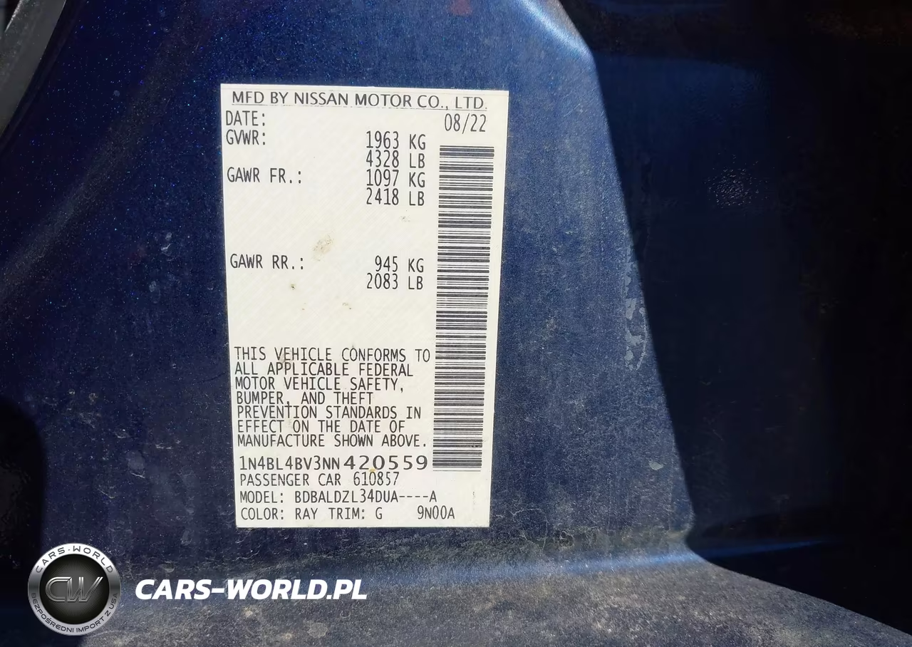 2022 Nissan Altima S Fwd VIN:1N4BL4BV3NN420559 - 9