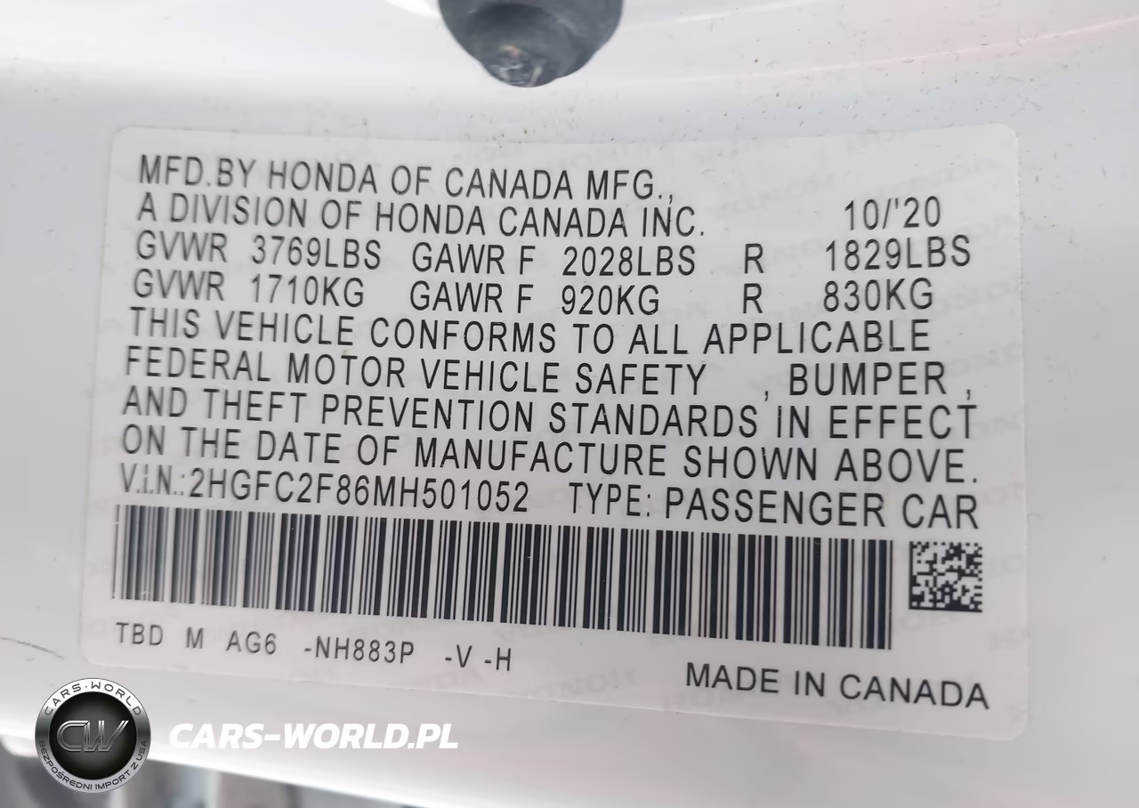 2021 Honda Civic Sport VIN:2HGFC2F86MH501052 - 9