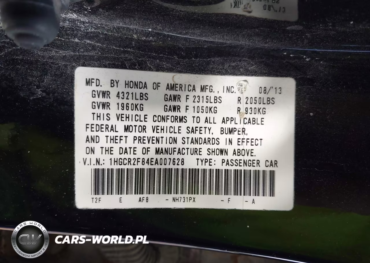 2014 Honda Accord Ex-L VIN:1HGCR2F84EA007628 - 9