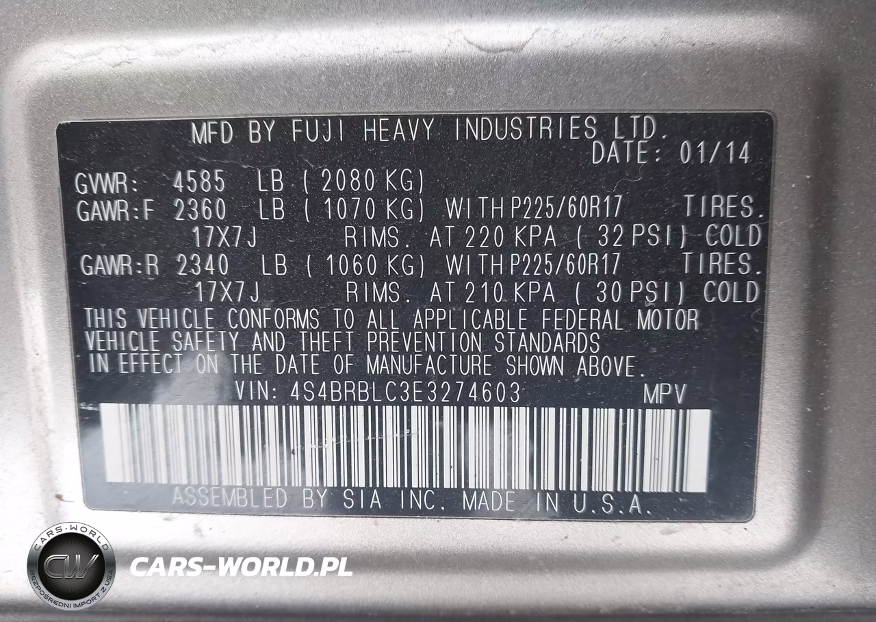 2014 Subaru Outback 2.5I Limited VIN:4S4BRBLC3E3274603 - 9