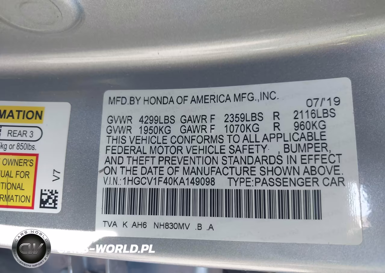 2019 Honda Accord Ex VIN:1HGCV1F40KA149098 - 9