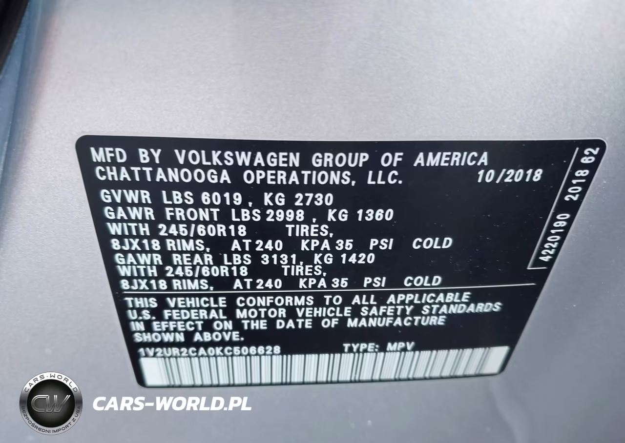 2019 Volkswagen Atlas 3.6L V6 Se W-Technology VIN:1V2UR2CA0KC506628 - 9