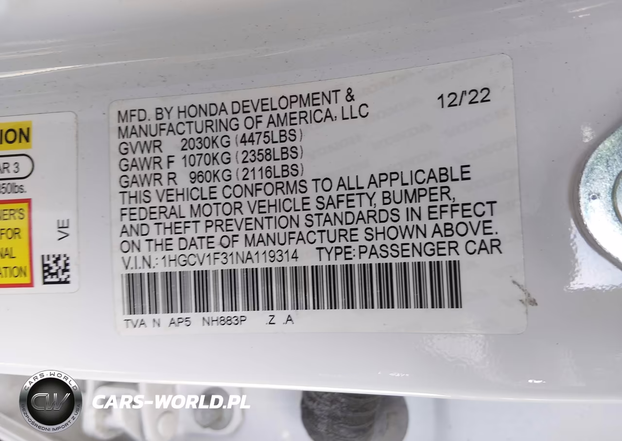 2022 Honda Accord Sport VIN:1HGCV1F31NA119314 - 9