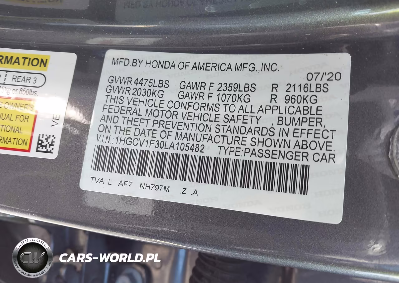 2020 Honda Accord Sport VIN:1HGCV1F30LA105482 - 9