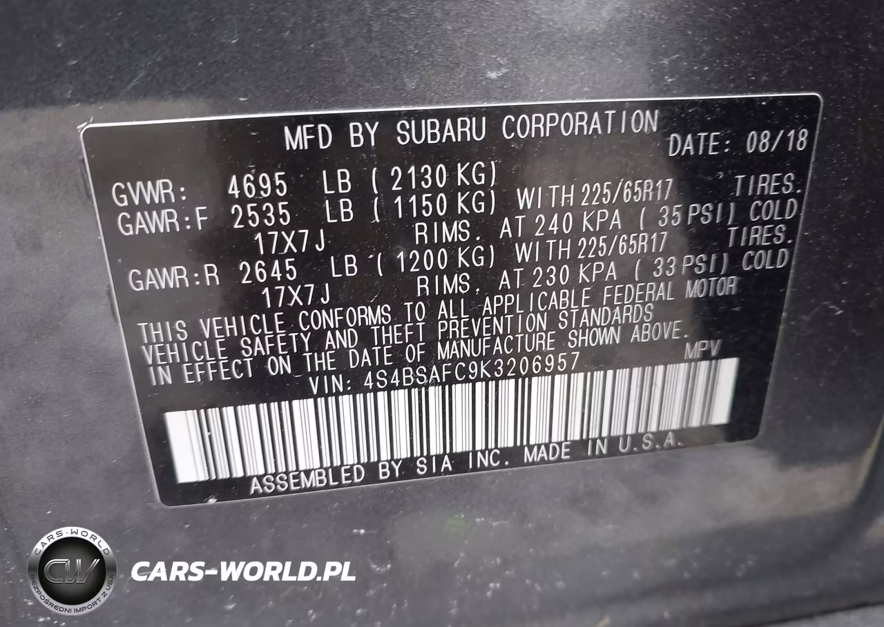 2019 Subaru Outback 2.5I Premium VIN:4S4BSAFC9K3206957 - 9