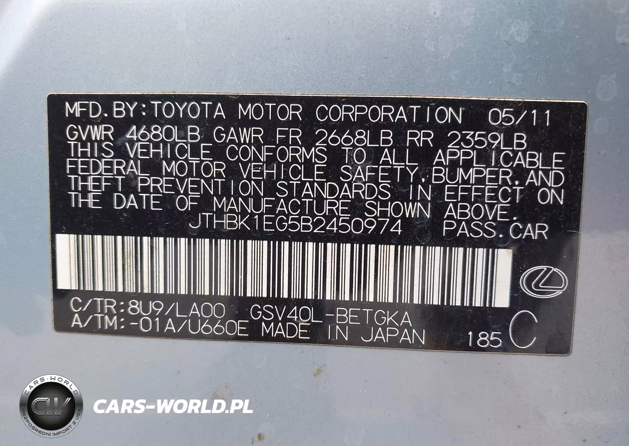 2011 Lexus Es 350 VIN:JTHBK1EG5B2450974 - 9