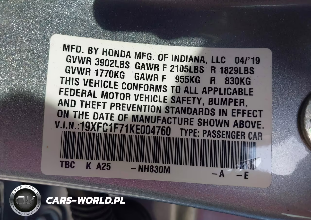 2019 Honda Civic Ex-L VIN:19XFC1F71KE004760 - 9