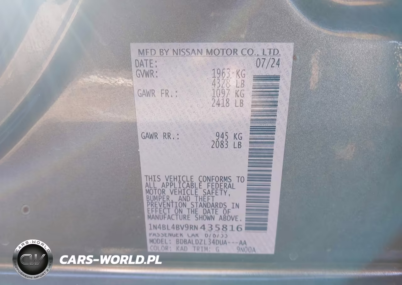 2024 Nissan Altima S Fwd VIN:1N4BL4BV9RN435816 - 9