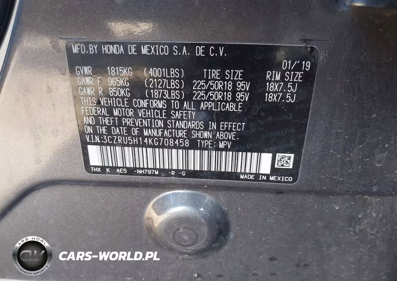 2019 Honda Hr-V Sport VIN:3CZRU5H14KG708458 - 9