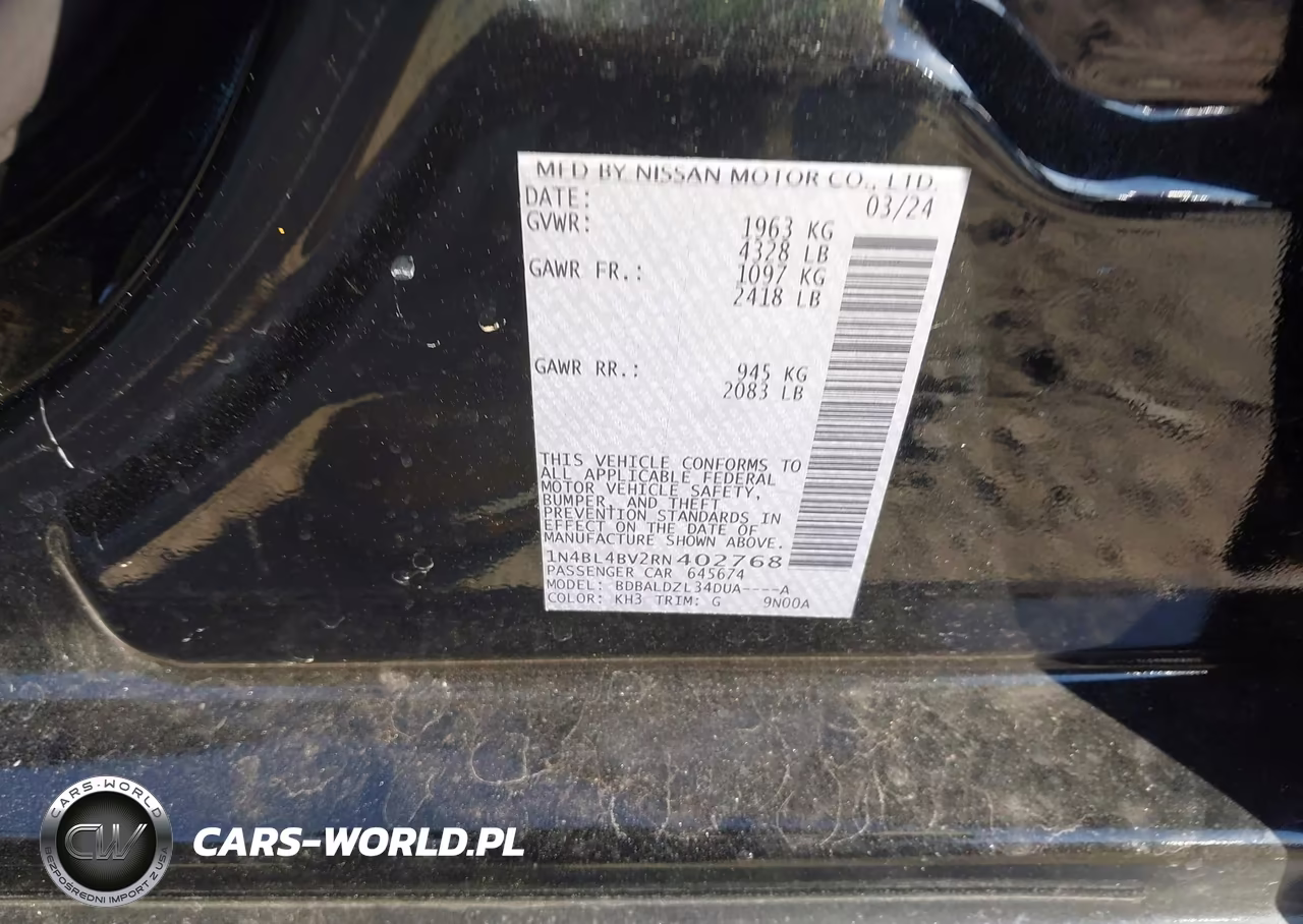 2024 Nissan Altima S Fwd VIN:1N4BL4BV2RN402768 - 9