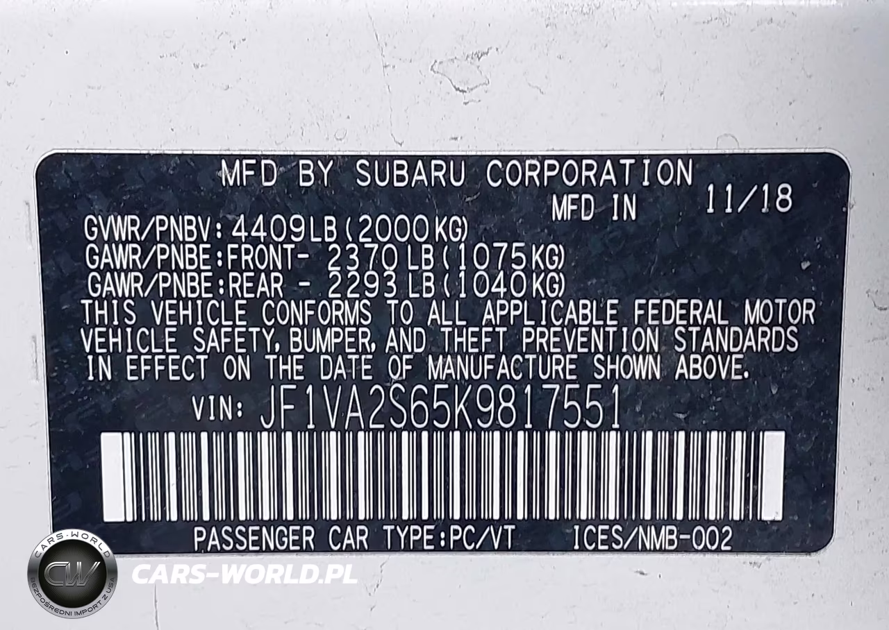 SUBARU WRX STI VIN:JF1VA2S65K9817551 - 9