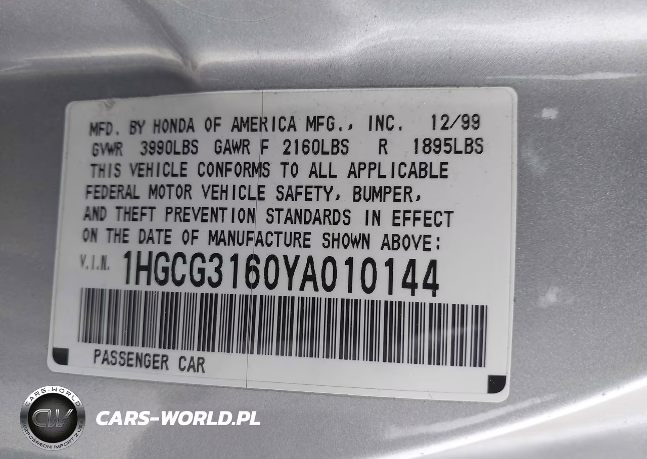 2000 Honda Accord 2.3 Ex VIN:1HGCG3160YA010144 - 9