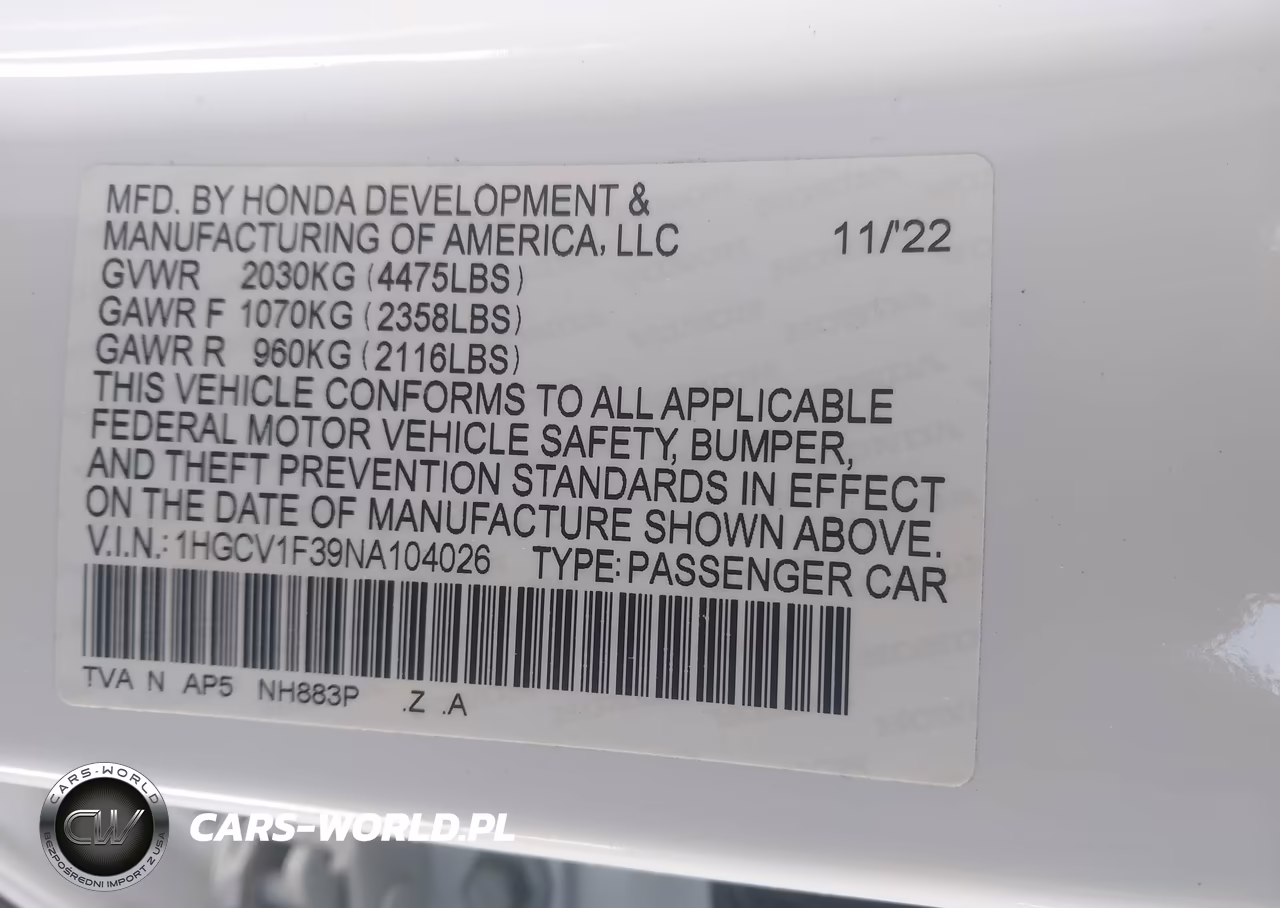 2022 Honda Accord Sport VIN:1HGCV1F39NA104026 - 9