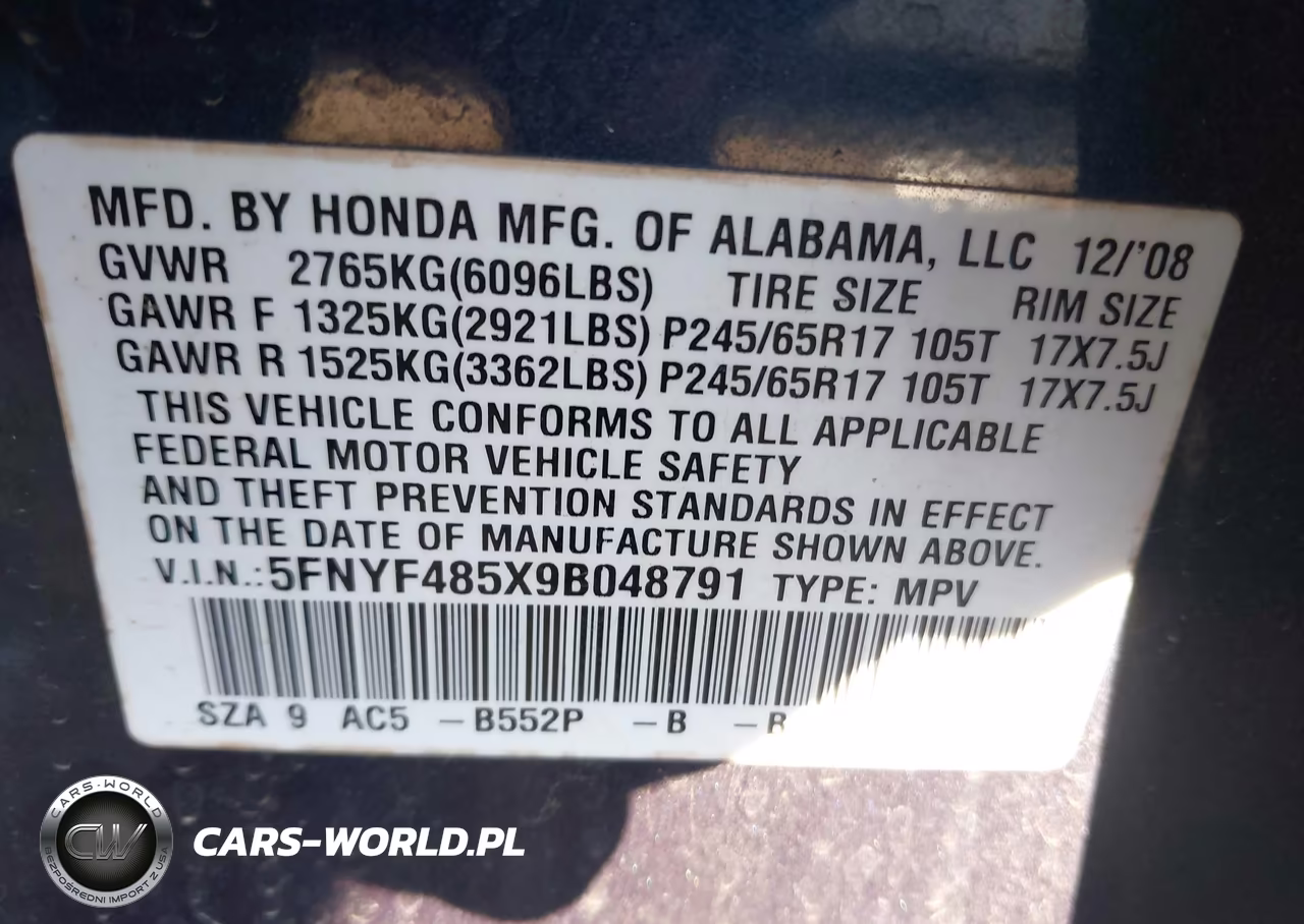 2009 Honda Pilot Ex-L VIN:5FNYF485X9B048791 - 9