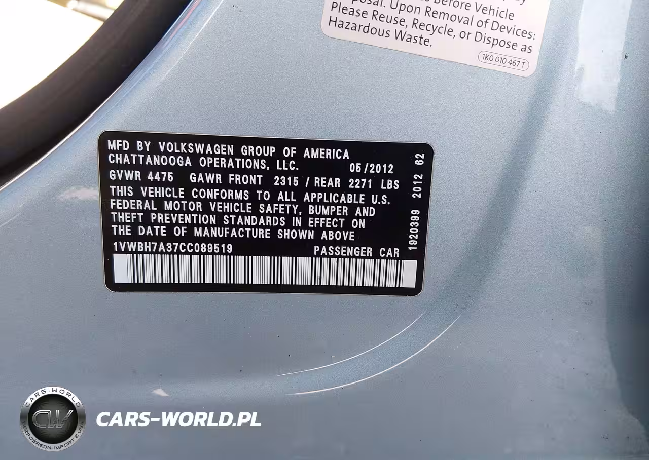 2012 Volkswagen Passat 2.5L Se VIN:1VWBH7A37CC089519 - 9