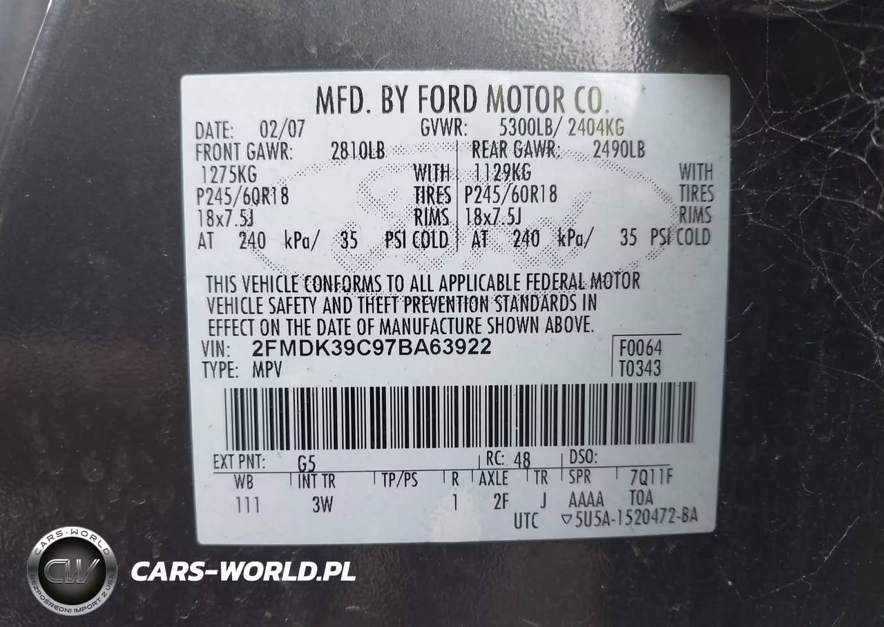 2007 Ford Edge Sel Plus VIN:2FMDK39C97BA63922 - 9