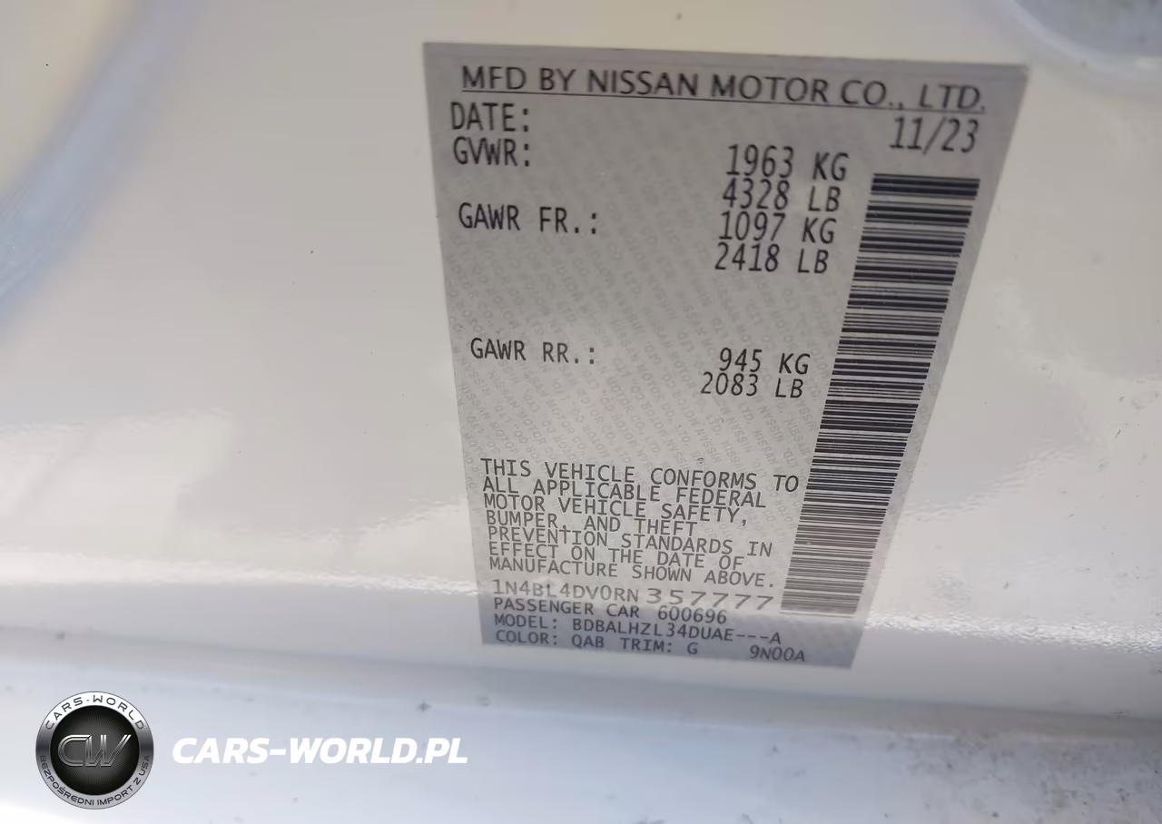 2024 Nissan Altima Sv Fwd VIN:1N4BL4DV0RN357777 - 9