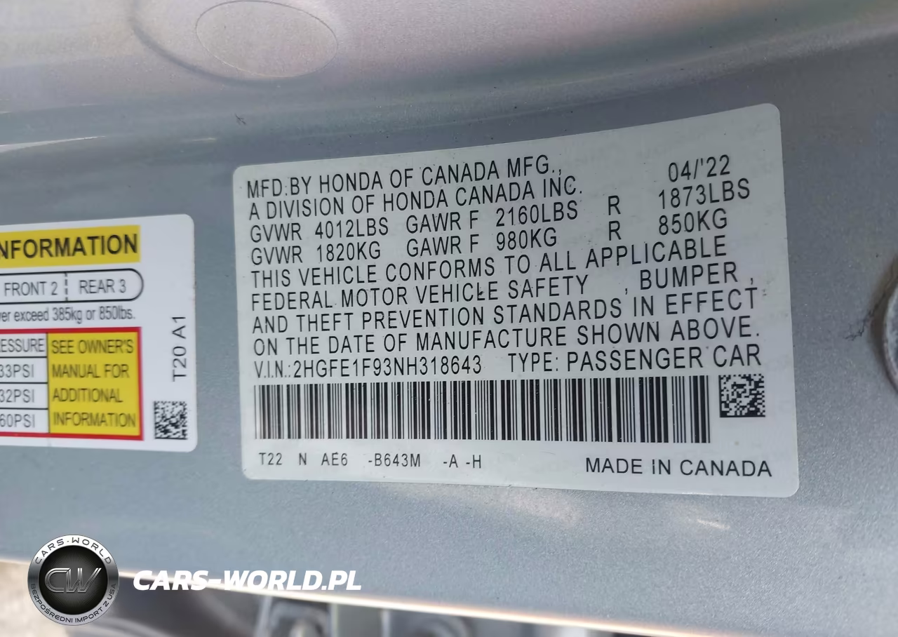 2022 Honda Civic Touring VIN:2HGFE1F93NH318643 - 9